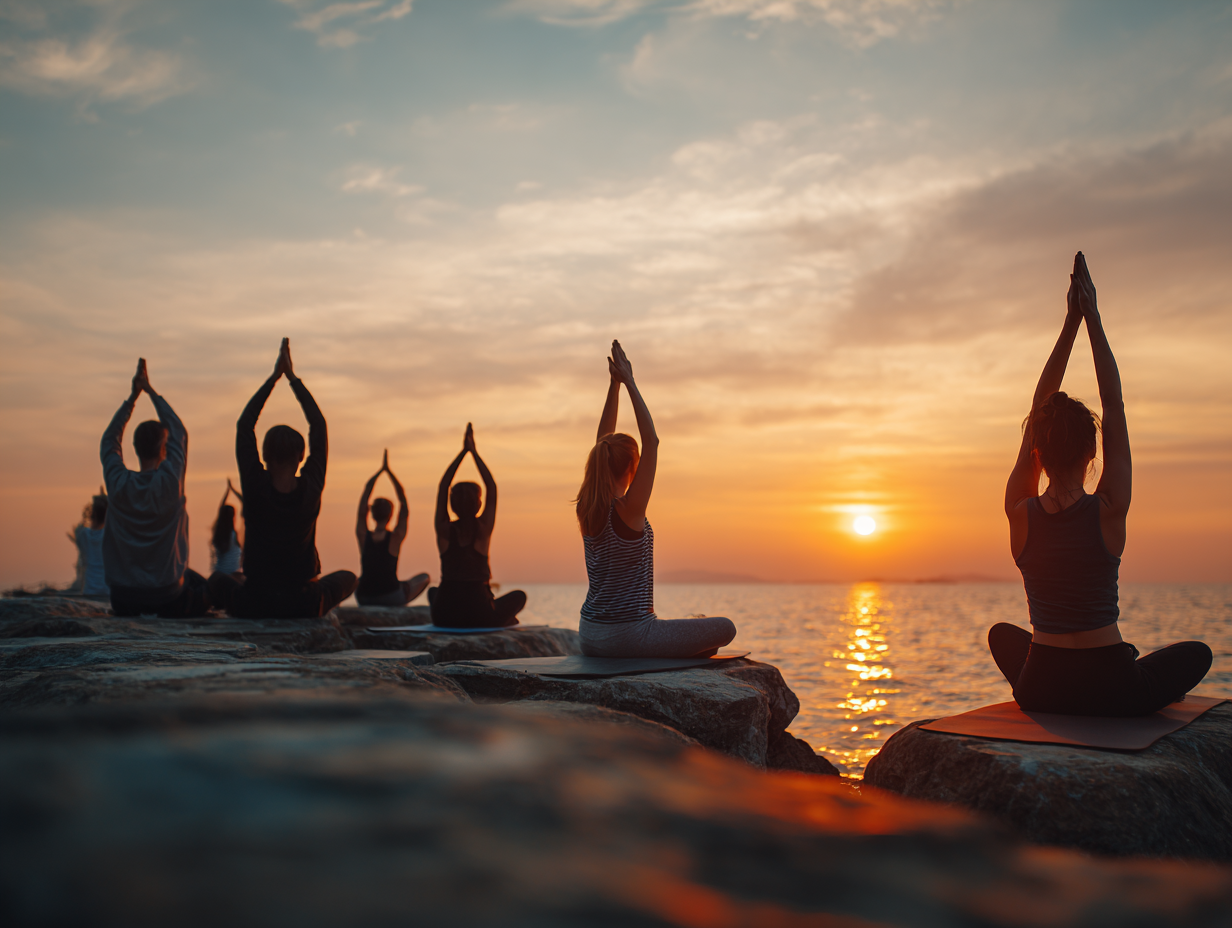 Група людей різного віку виконує асани йоги на природі при заході сонця